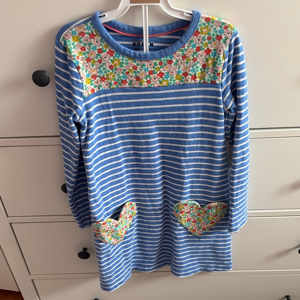 Mini Boden Blue Striped Dress with Floral Accents